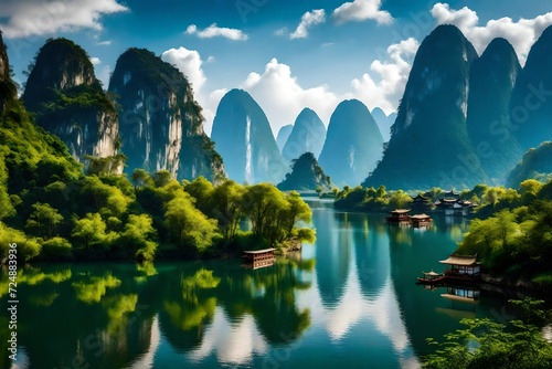 an AI image that showcases the mesmerizing beauty of the Lijiang River in Guilin, Guangxi