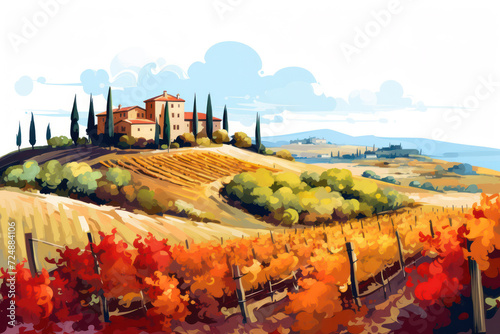 Dawn over Tuscany: Serene Countryside Landscape with Italian Farmhouse, Vineyards, and Cypress Trees, Creating a Peaceful and Picturesque Scenery of Rural Beauty.