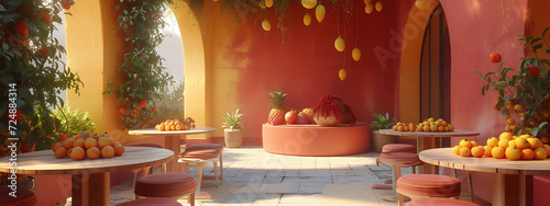 a small patio with fruit on the tables in