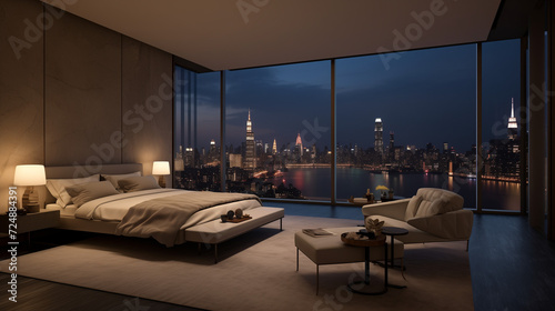 A contemporary bedroom with a statement wall, unique lighting, and a mix of textures for visual interes  © Muhammad