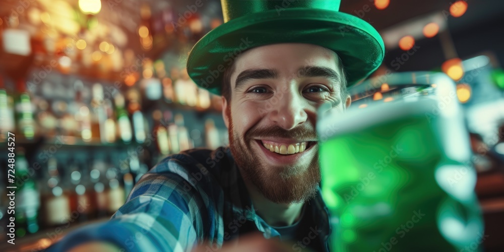 A smiling barman in a green st Patrick's hat serving beer A smiling barman in a green st Patrick's hat serving beer