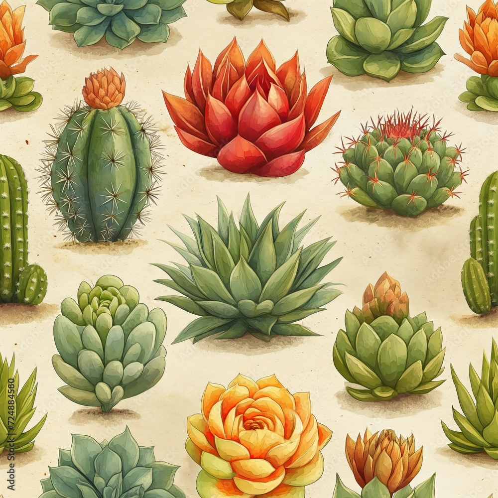 Fototapeta premium Seamless pattern of watercolor cacti on a light background.