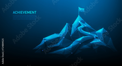 business strategy mountain achievement to success technology on blue background. way to goal climbing route. flag on mountain mission complete concept. vector illustration wireframe. photo