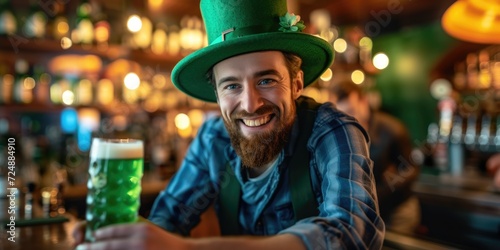 A smiling barman in a green st Patrick's hat serving beer