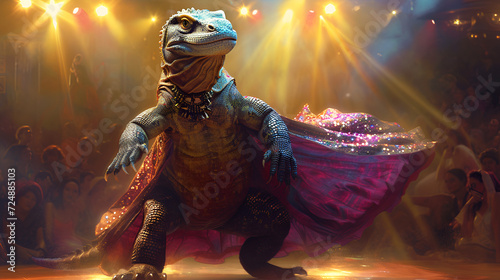 Illustration of a comodo dragon wearing a dress like a model walks down the fashion runway or catwalk. The stage lights are focused on it. Generative Ai. photo
