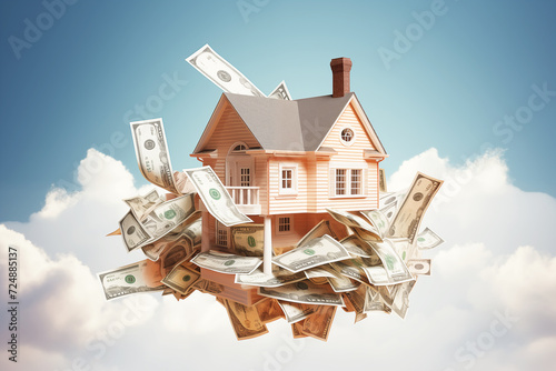 house on bank note float on sky for concept investment mortgage finance and home loan refinance photo
