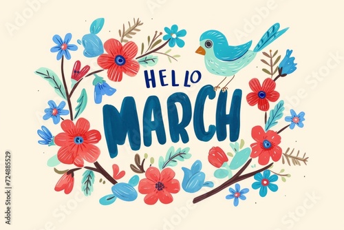 Hello March sign with cartoon plants and birds Generative AI