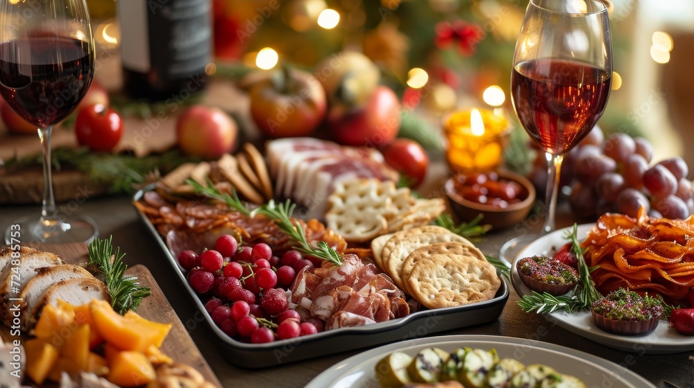 Plated Food and Wine Glasses on a Table, Thanks Giving