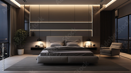 A contemporary bedroom with a statement wall  unique lighting  and a mix of textures for visual interes 