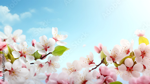 White and pink flowers against the blue sky - cherry blossoms.