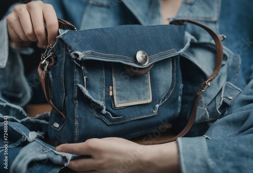 Handbag made from old jeans on dressmaker table DIY denim upcycling using old jeans upcycle denim st photo