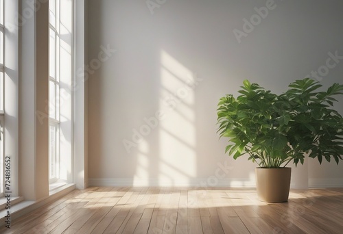 Modern interior mockup template Light empty space with white wall wooden floor and green potted plan