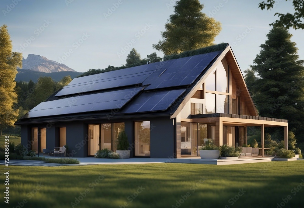 New suburban house with a photovoltaic system on the roof Modern eco friendly passive house with sol New suburban house with a photovoltaic system on the roof Modern eco friendly passive house with sol