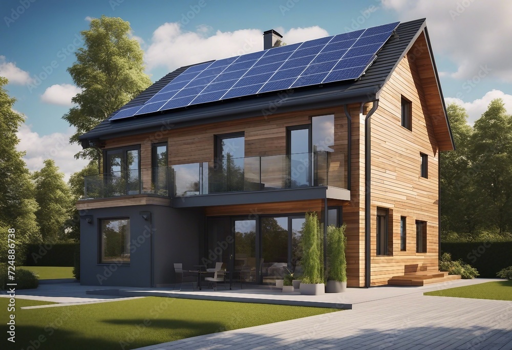 New suburban house with a photovoltaic system on the roof Modern eco friendly passive house with sol New suburban house with a photovoltaic system on the roof Modern eco friendly passive house with sol
