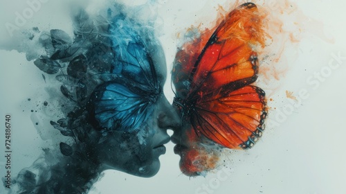 Psychological image of a woman with a double butterfly face overlay effect with an orange and blue wing. People with bipolar disorder photo