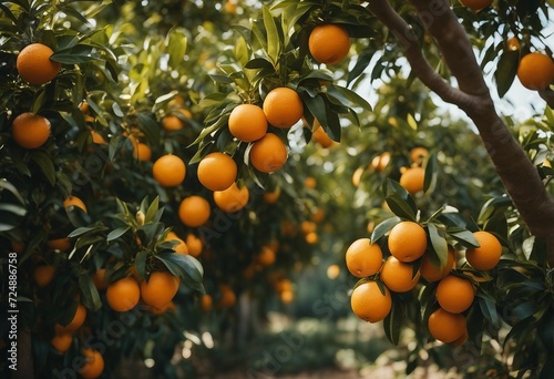 Orange garden in sunny day Fresh ripe oranges hanging on trees in orange garden Details of Spain