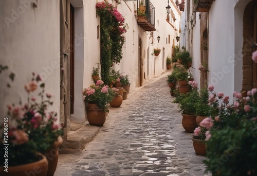 Picturesque narrow street in Spanish city old town Typical traditional whitewashed houses with bloom