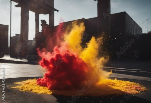 Red and yellow colored powder explosions on black background Holi paint powder splash in colors of S