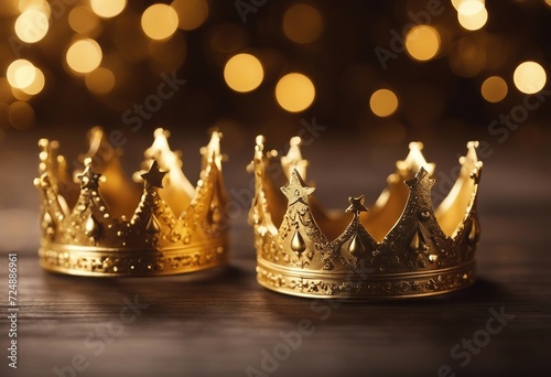 Three gold shiny crowns on festive background Three Kings day or Epiphany day holiday celebration ni
