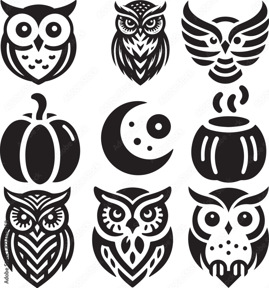 set of black and white owls