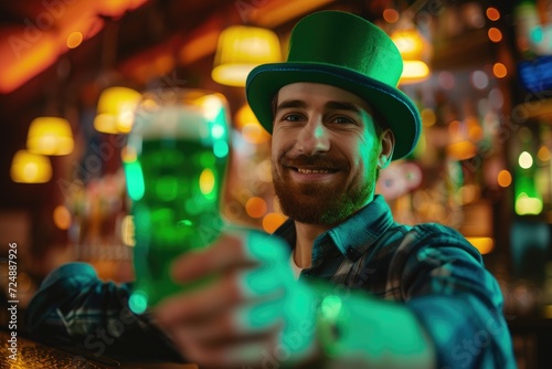 A smiling barman in a green st Patrick's hat serving beer