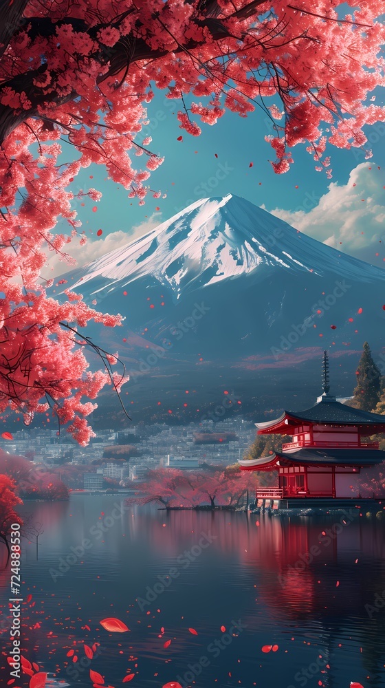 Fototapeta premium art of fuji mountains in japan, sakura pink leaves in nature generated ai