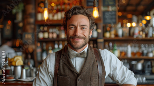 In the bustling heart of an upscale cocktail bar, a charismatic bartender skillfully mixes drinks.