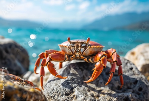 Red crab on stone with sea and mountains background © design