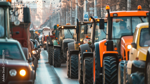 Many tractors blocked city streets and caused traffic jams in city. Agricultural workers protesting against tax increases, changes in law, abolition of benefits on protest rally in street