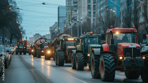 Many tractors blocked city streets and caused traffic jams in city. Agricultural workers protesting against tax increases, changes in law, abolition of benefits on protest rally in street photo
