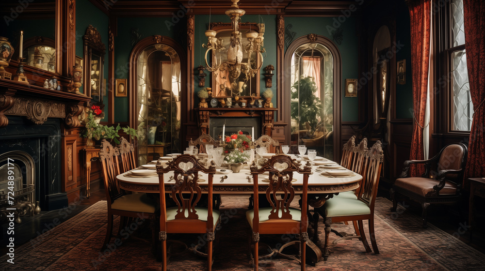 Elegant dining area with a long wooden table, stylish chairs, and ambient lighting 