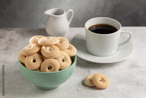 Coconut biscuit. Shortbread coconut cookies in bowl. photo