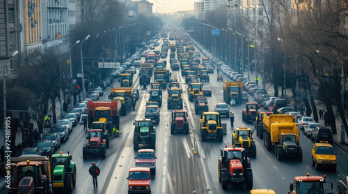 Many tractors blocked city streets and caused traffic jams in city. Agricultural workers protesting against tax increases, changes in law, abolition of benefits on protest rally in street