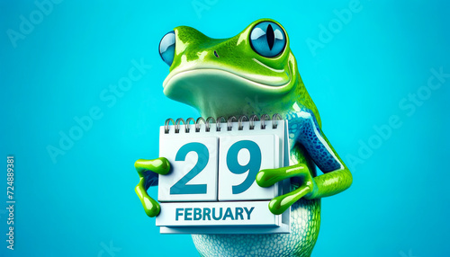 Leap Year Concept with Frog and Calendar on blue background © Svetlana Kolpakova