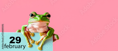Frog sitting atop a calendar marked with February 29. Leap Day Calendar Date