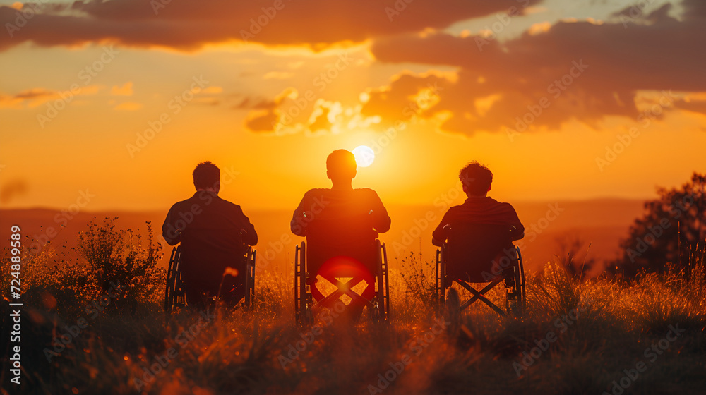 Three disabled people at the sunset, generative ai