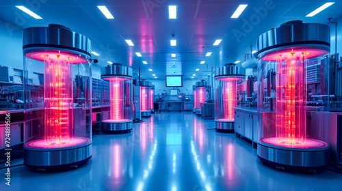 Advanced cryogenic storage system with illuminated chambers in a tech facility. Cryogenic Chambers for freezing bodies photo