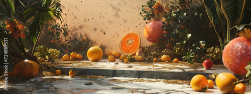 a stage with large chunks of fruits behind it in the 