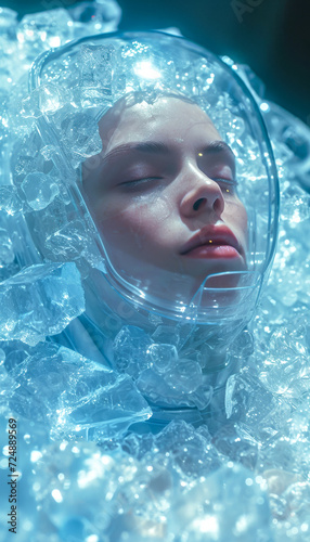 Close-up of a woman in sci-fi cryogenic preservation  wearing a futuristic helmet