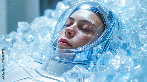 Close-up of a woman in sci-fi cryogenic preservation, wearing a futuristic helmet © Svetlana Kolpakova