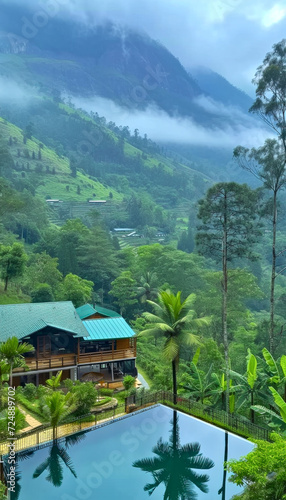 Morning misty montain landscape with villas and pools among green rainforest.