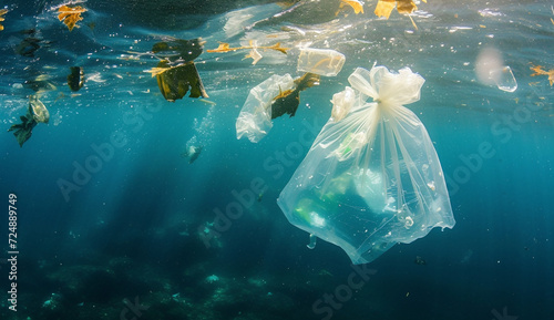 Underwater plastic bag garbage in the ocean.Plastic Disaster,Micro Plastic Pollution,Water Pollution Concept. © Emmy Ljs