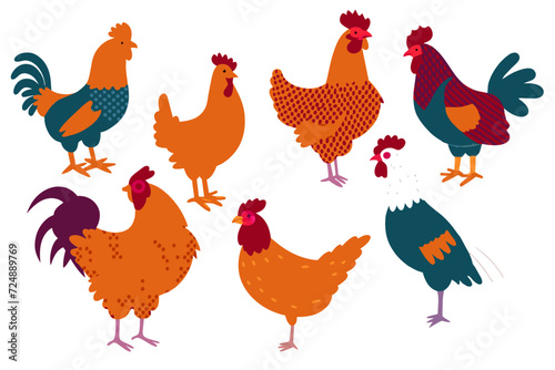 Set Of Chicken And Rooster Breeds With Unique Physical And Behavioral Characteristics. Rhode Island Red, Leghorn