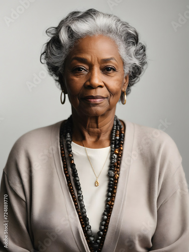 Confident woman with dreadlocks looking at the camera while standing against a white background. Portrait of an older middle aged woman. 