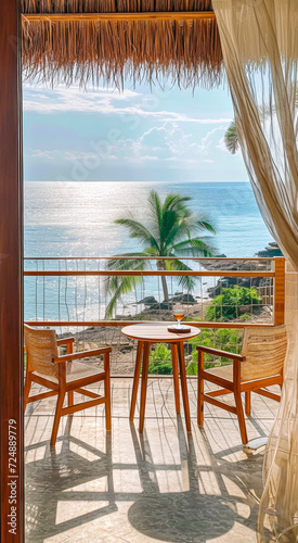 Seaside Balcony View with Curtains..Serene scene overlooking tranquil sea