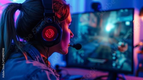 Beautiful girl playing video games in front of her PC with headphones and neon lights in a gamer room in high definition and clarity. video games concept