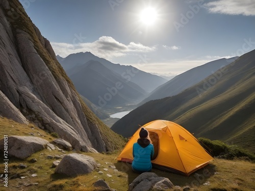 mujer acampando en la naturaleza, casa de campaña