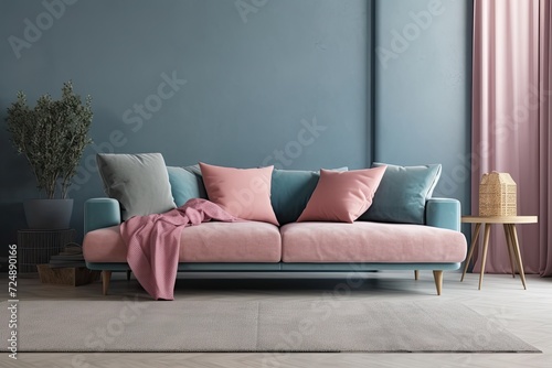 Modern living area with contemporary minimalist decor. Cropped, panoramic, mockup, flat lay of a gray sofa with blue and pink pillows at home against a gray background photo