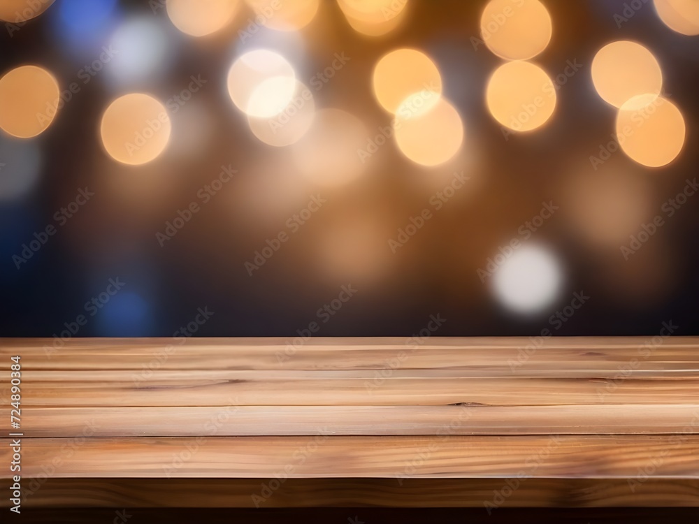 mesa de madera vacia con fondo de luces desenfocada