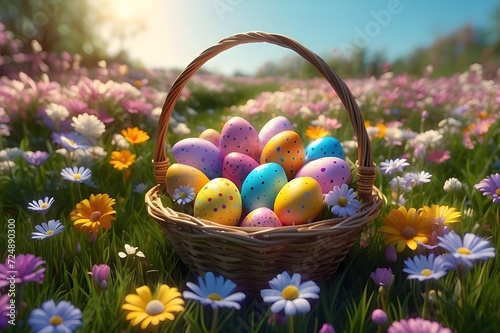 canasta de huevos de pascua en un prado de flores de colores, colorido